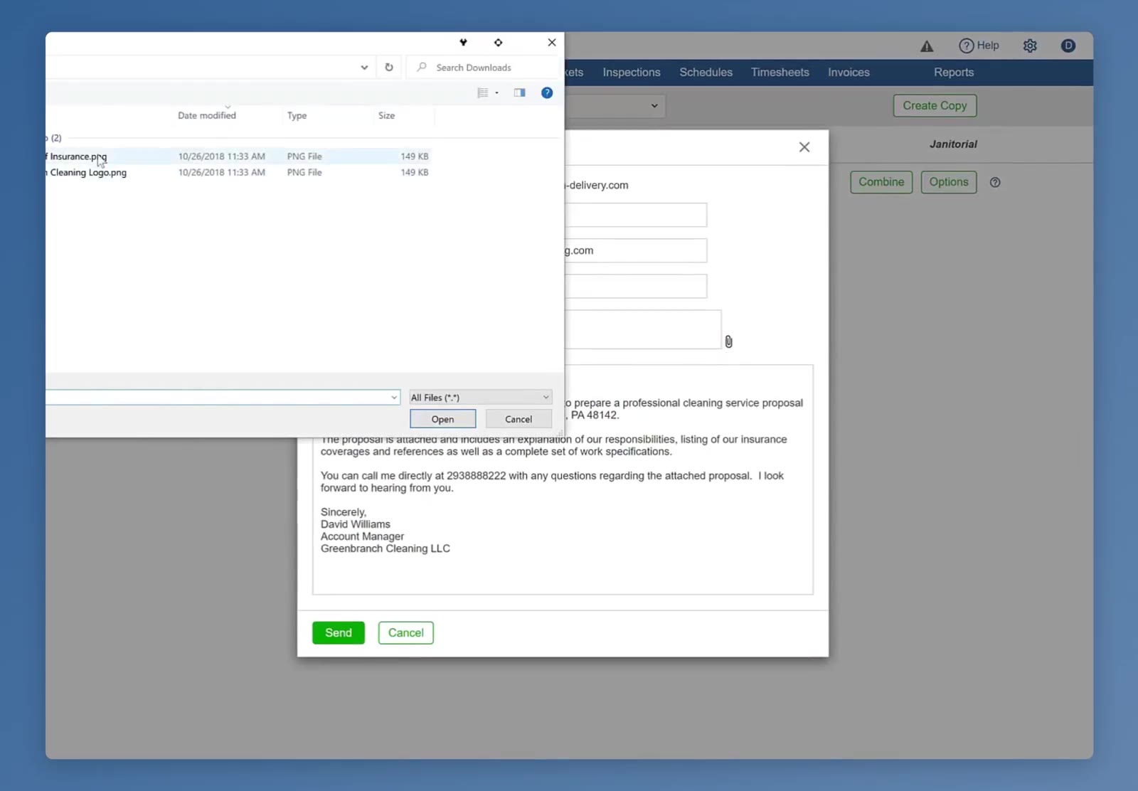 A file explorer window appears over the email dialog, allowing you to select a document from your computer.