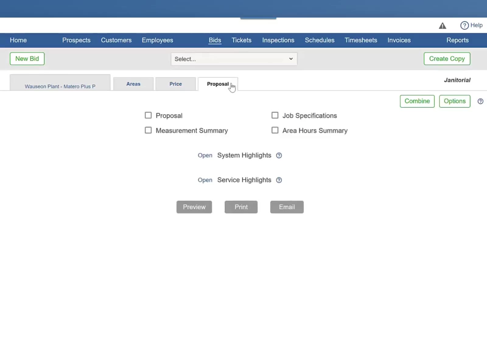 Combine and Options sit at the top right of the Proposal tab.