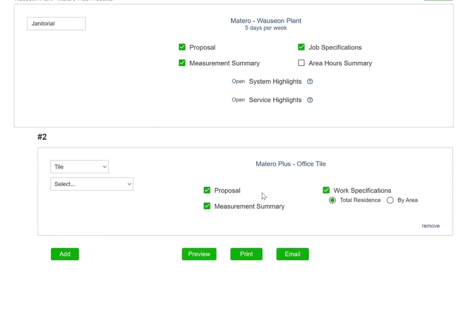 A tile bid offers Work Specifications, with Total Residence or By Area.