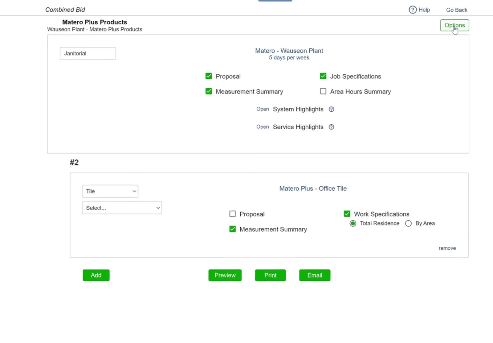 Options sits at the top right of the Combined Bid screen.