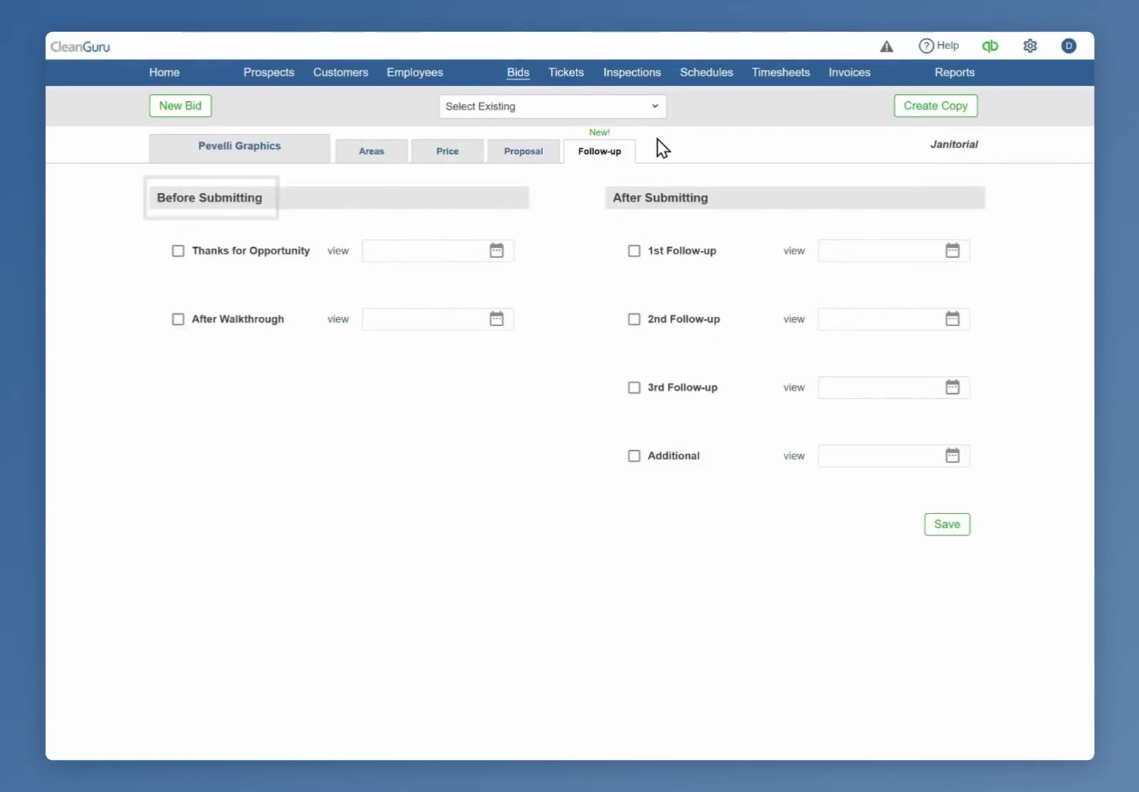 Every row has a checkbox, a view link, and a date box with a calendar icon.