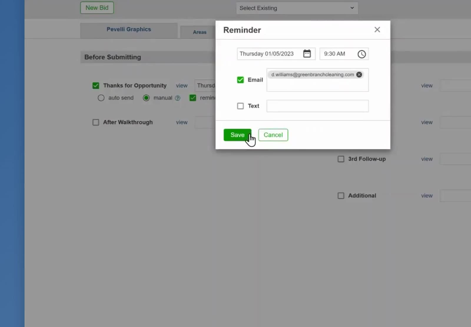 The Reminder window takes a date, a time, and where to send the alert.