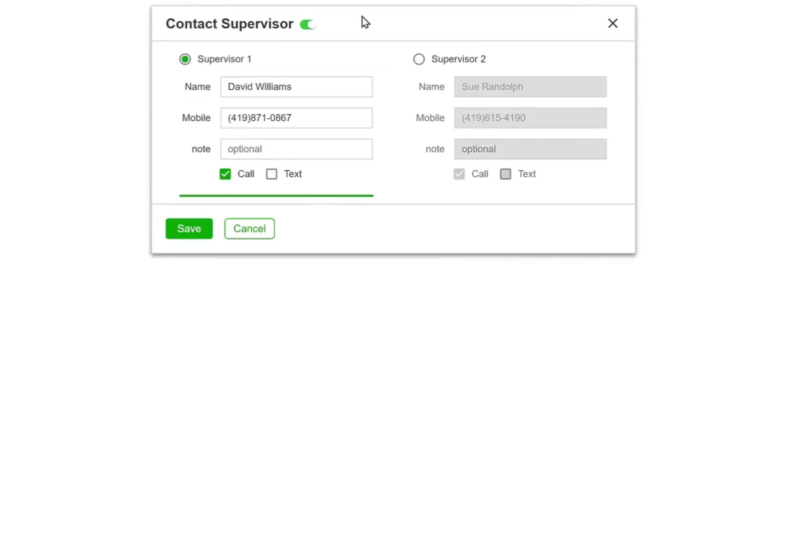 Supervisor 1 filled in and selected, with Supervisor 2 grayed out beside it.