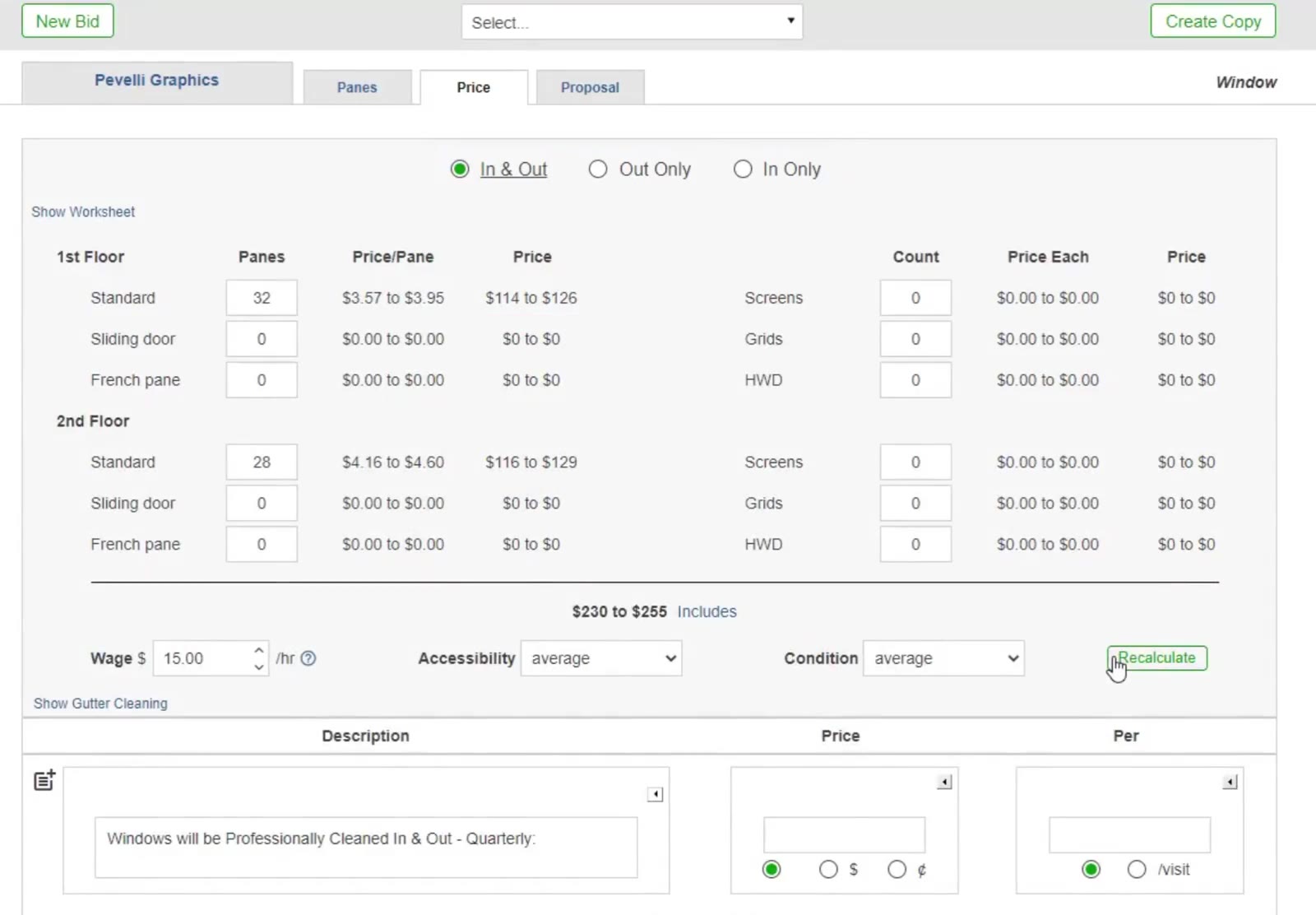 Wage, accessibility and condition drive the recommended range; Recalculate updates it.