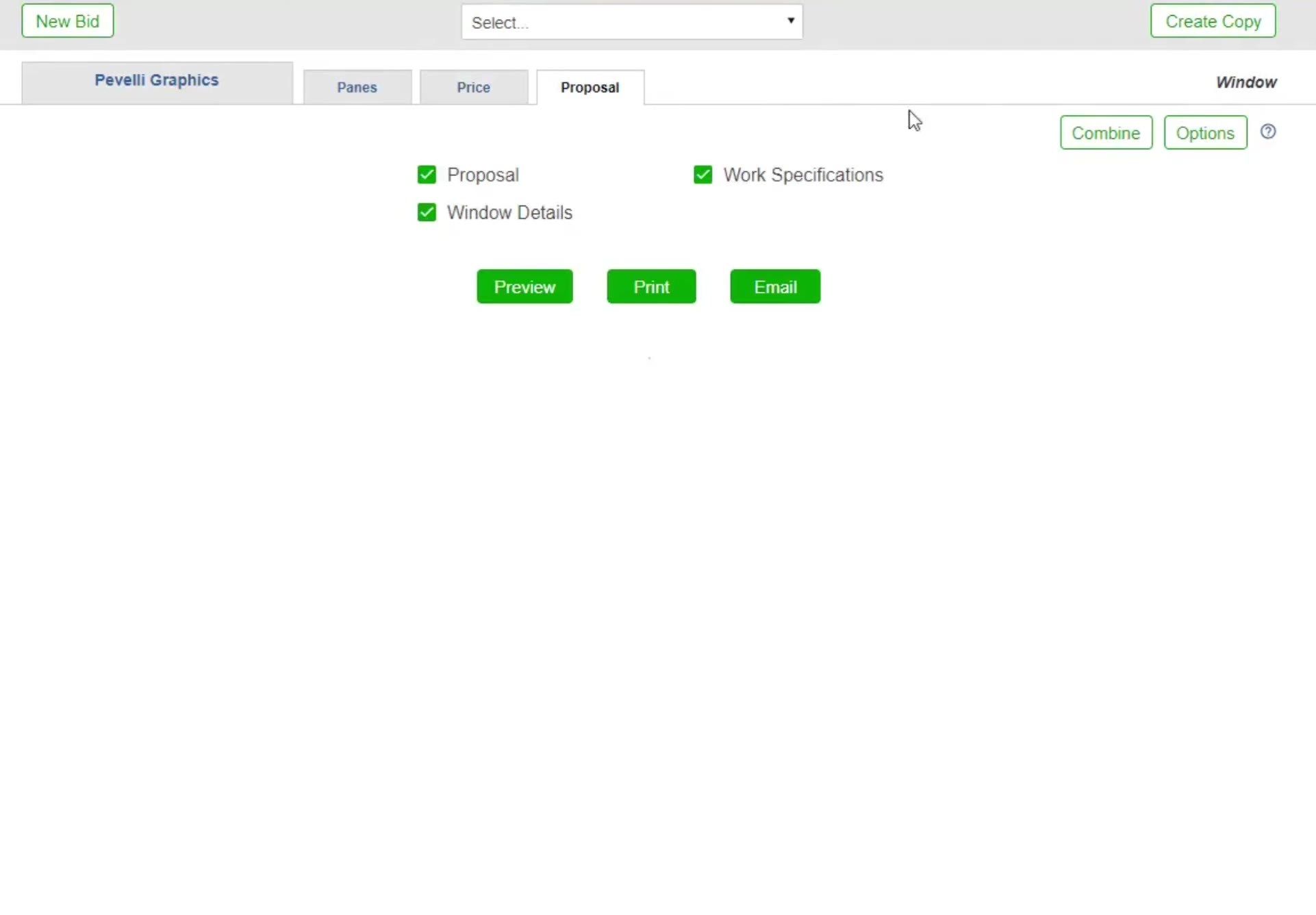 The Proposal tab for a window bid: Proposal, Window Details and Work Specifications, with Combine and Options at the top right.