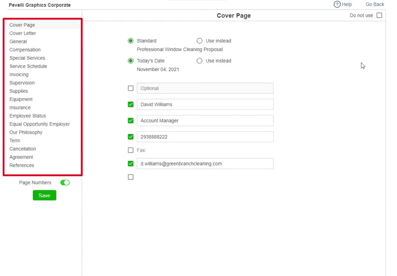 The proposal Options screen: the section list on the left, the selected section’s wording on the right, Do not use at its top right, and the Page Numbers toggle above Save.