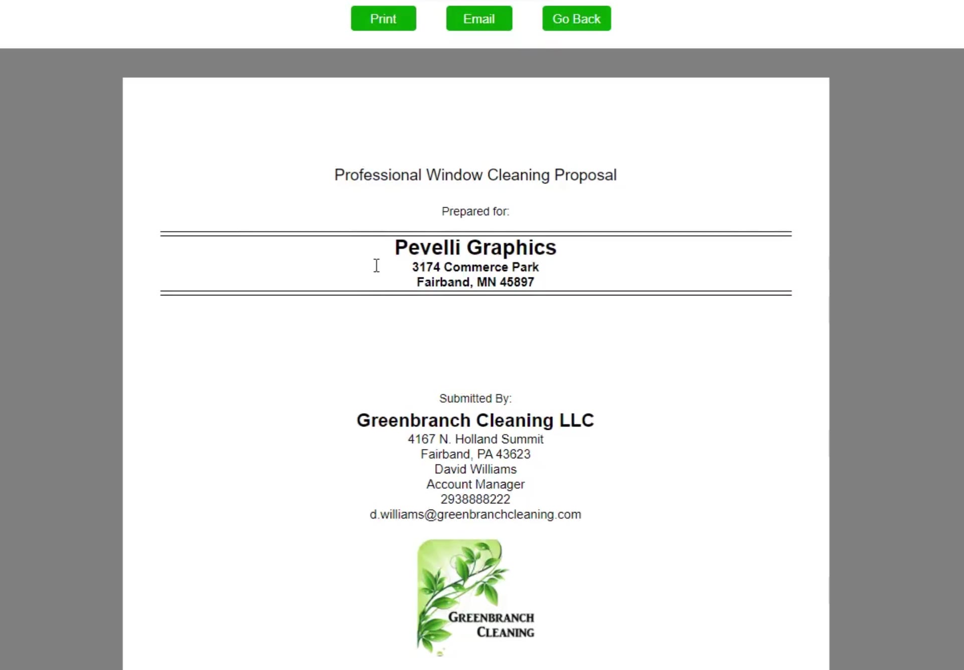 The proposal opens on its cover page, carrying your company details and logo.