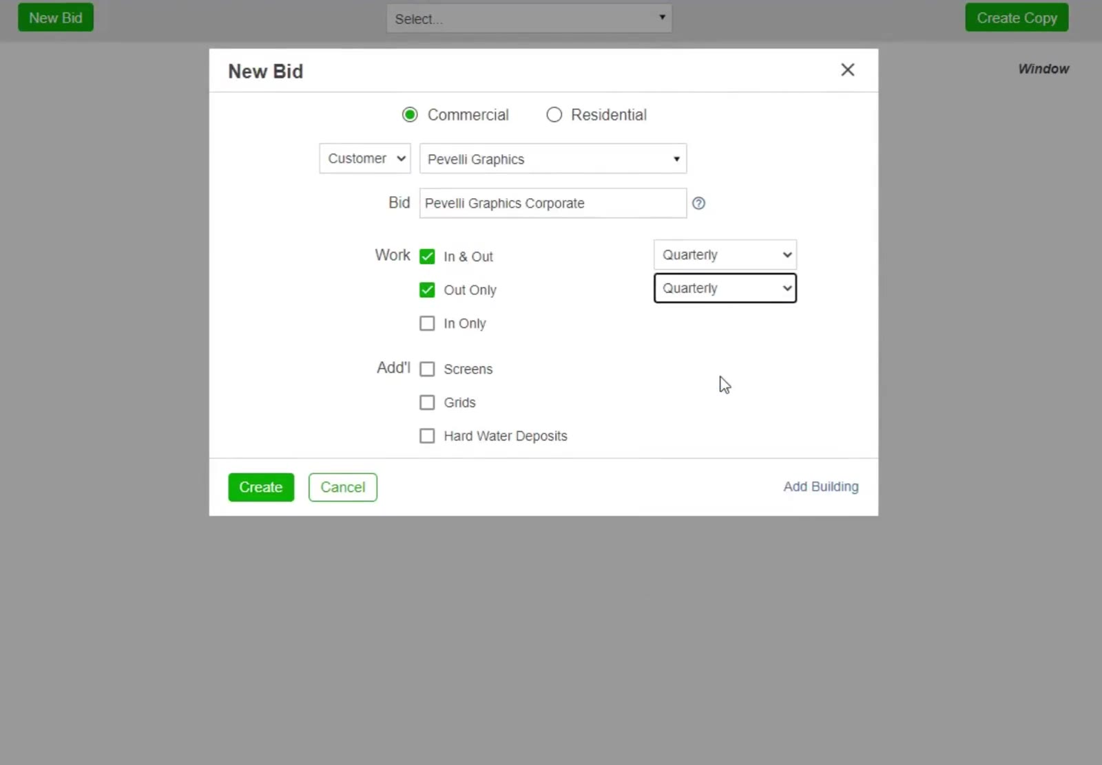 The New Bid dialog: In & Out, Out Only and In Only each take their own frequency, and Screens, Grids and Hard Water Deposits can be added underneath.