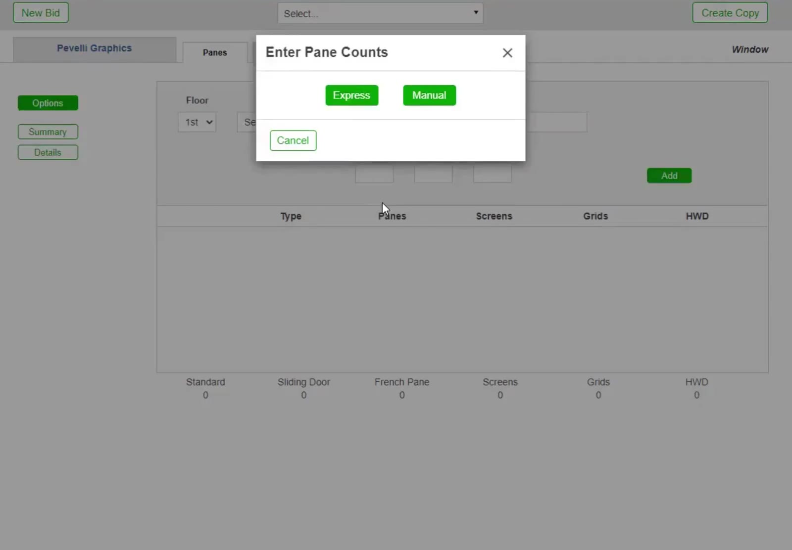On the Panes tab, Enter Pane Counts offers Express, a grid you fill in for the whole building at once, and Manual, which adds one line at a time.