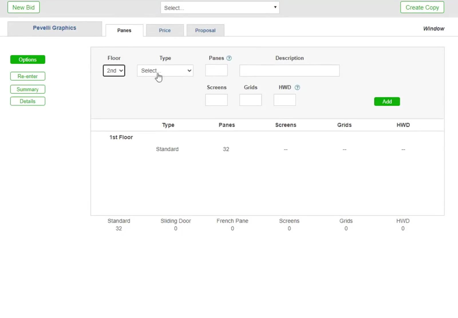 Enter the panes floor by floor: pick the floor and window type, type the count, and click Add.