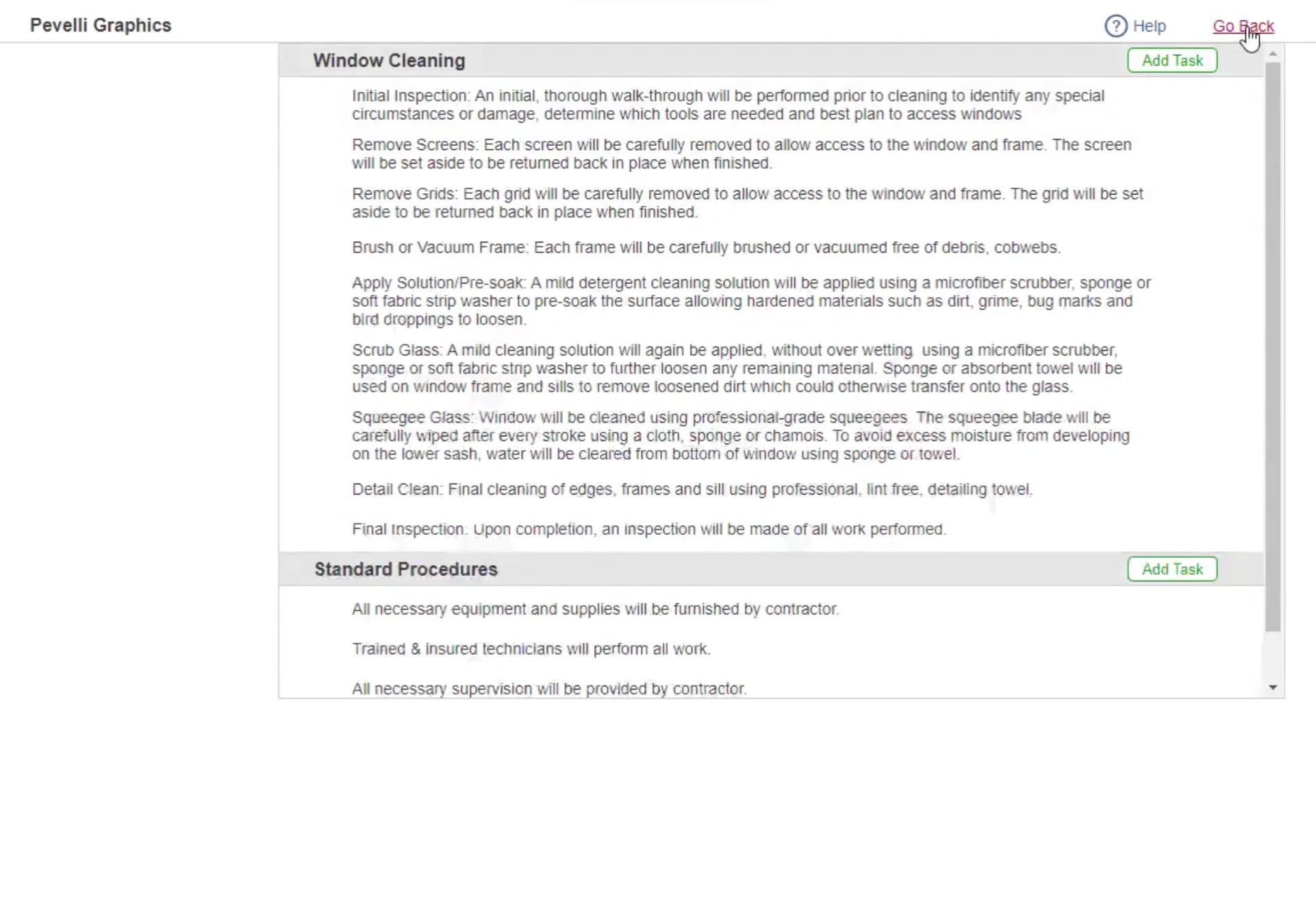 The work specifications. Window Cleaning and Standard Procedures each have their own Add Task button.