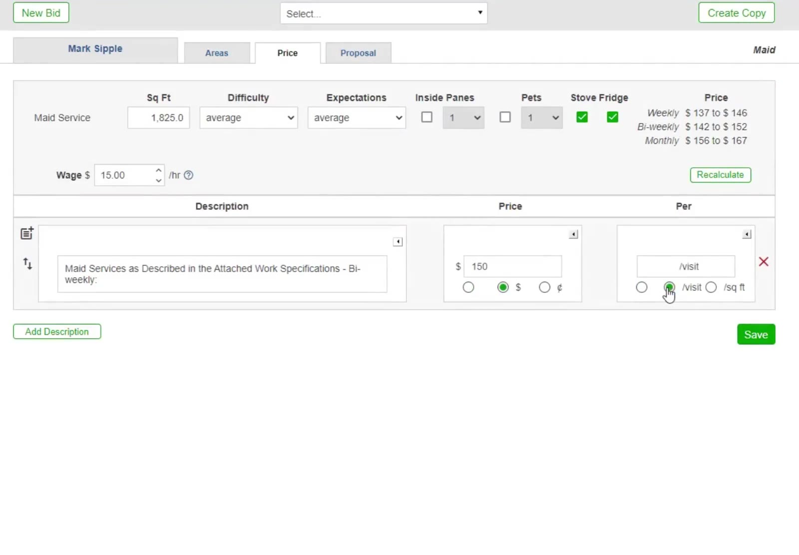 The Description, Price and Per table. Each description is written from the service you chose, and the icon at its left opens CleanGuru’s standard descriptions.