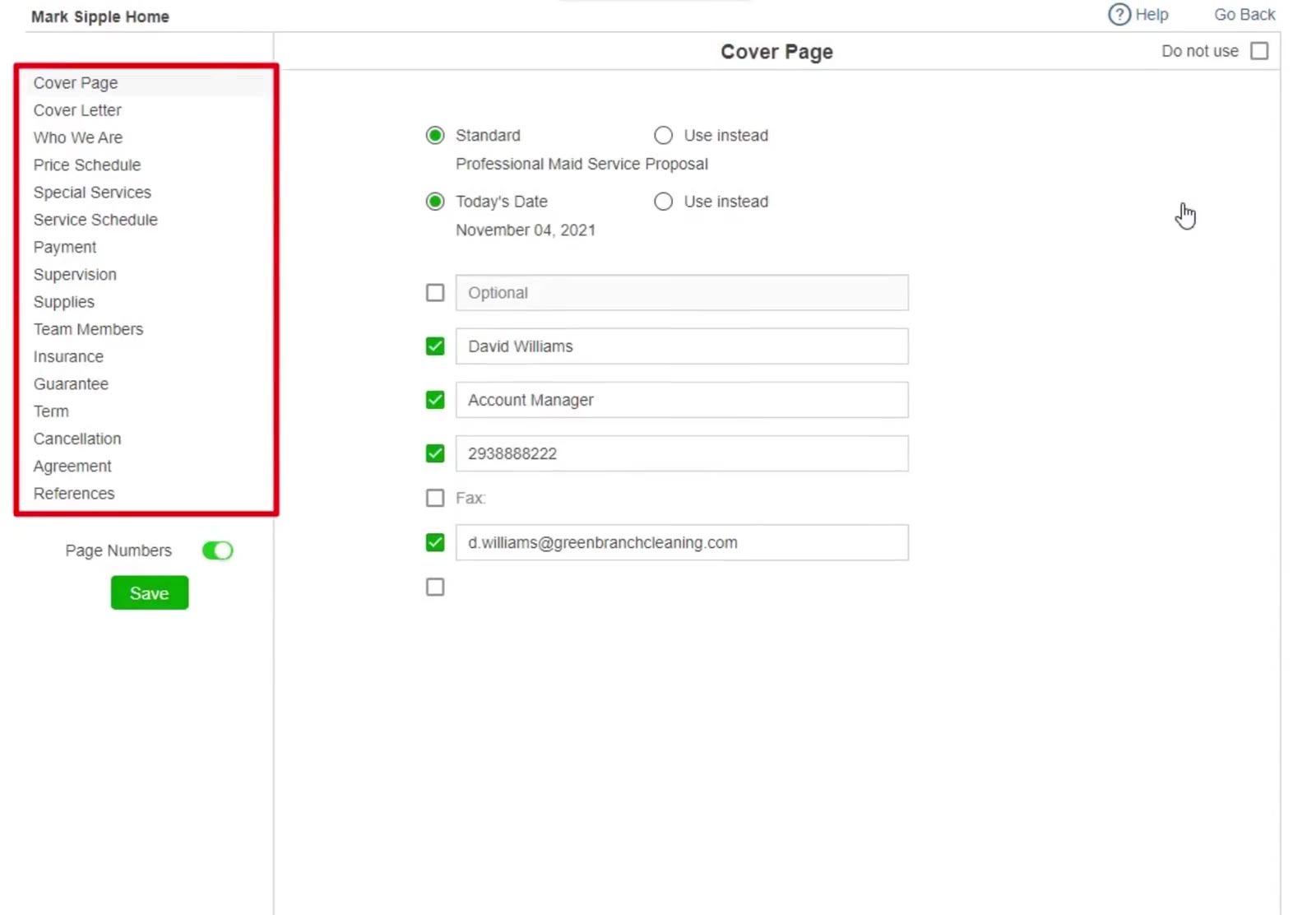 The proposal Options screen: the section list on the left, the selected section’s wording on the right, Do not use at its top right, and the Page Numbers toggle above Save.