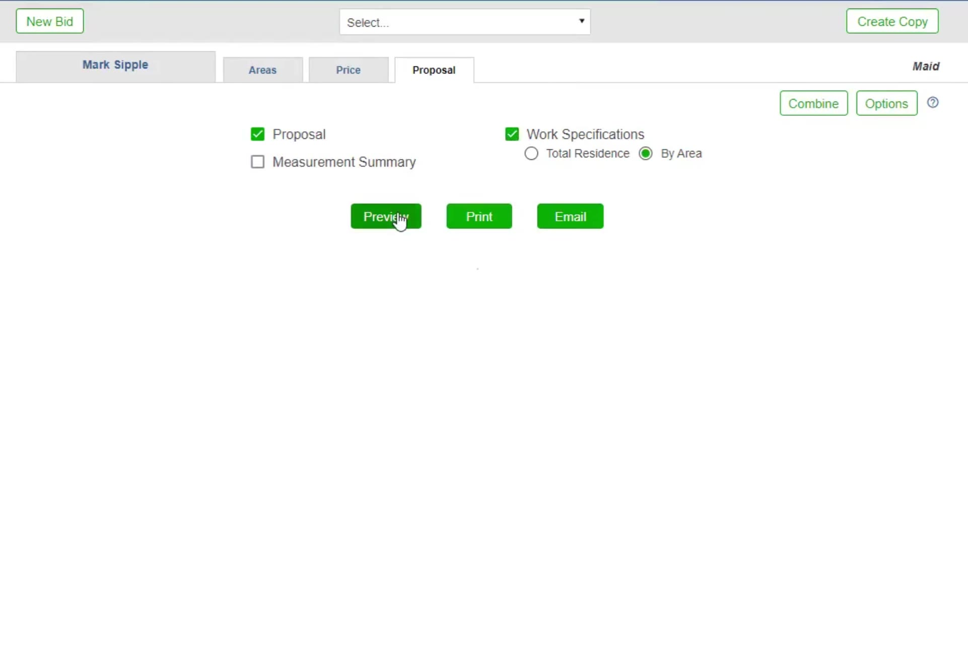 The Proposal tab: tick the documents you want, with Combine and Options at the top right.