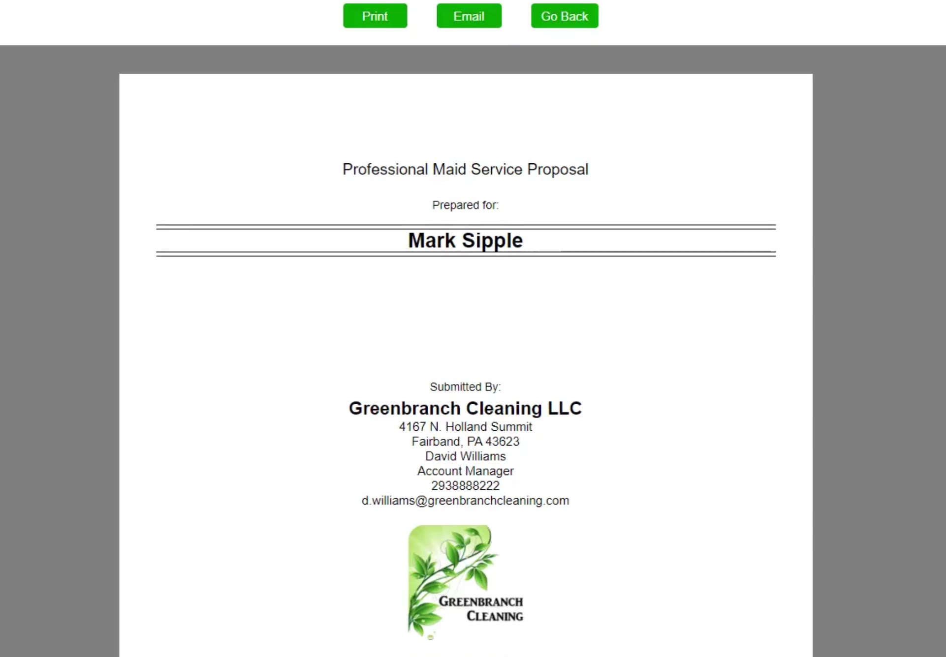 The proposal opens on its cover page, carrying your company details and logo.