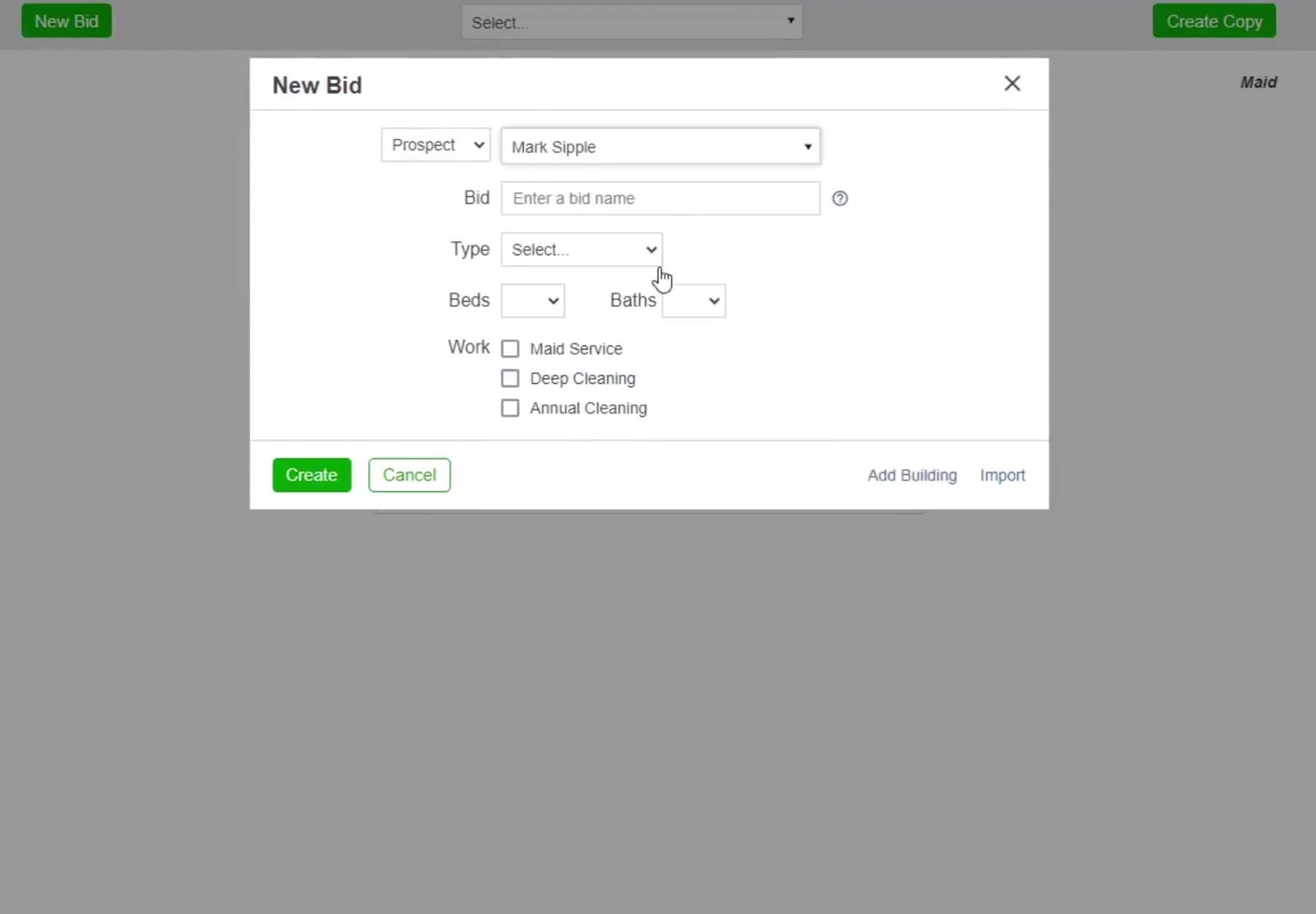 Hover Bids in the top navigation bar and choose Maid. The New Bid dialog asks for beds, baths and the services you are quoting.