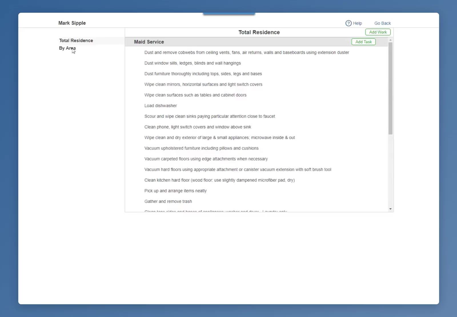 Total Residence shows the whole task list, with Add Task to add your own.