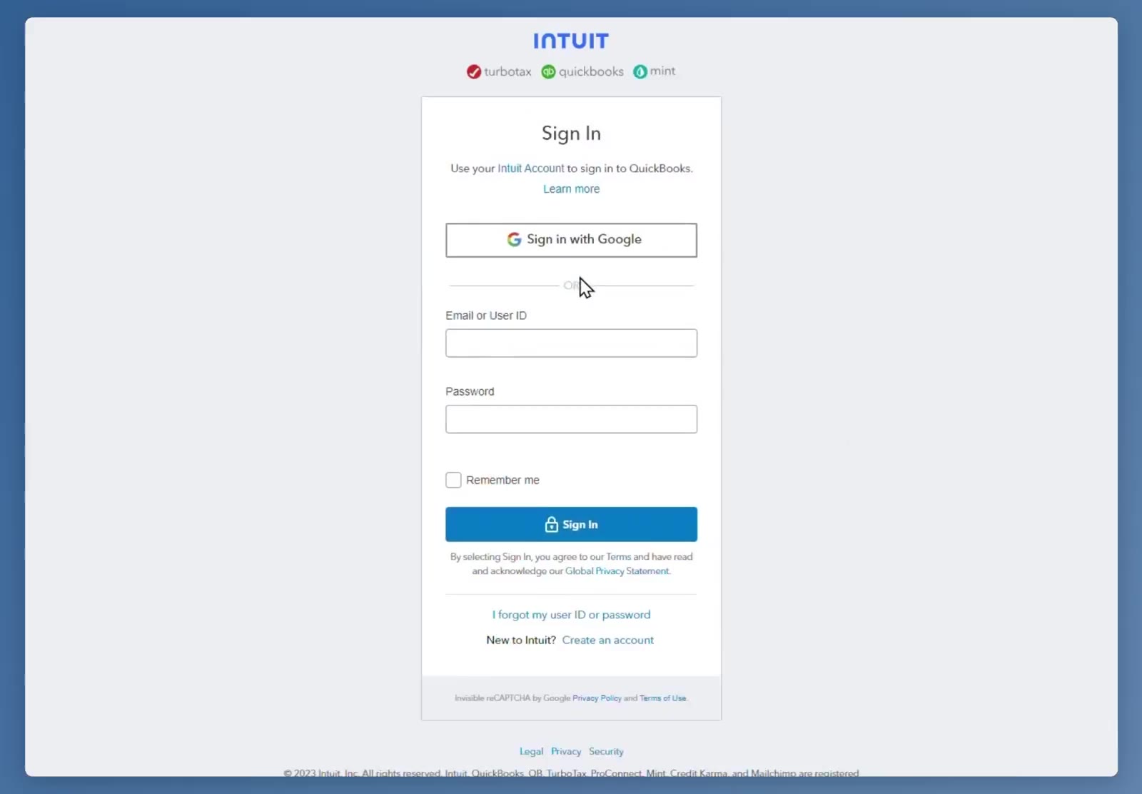 Sign in with your Intuit credentials, or use Sign in with Google.