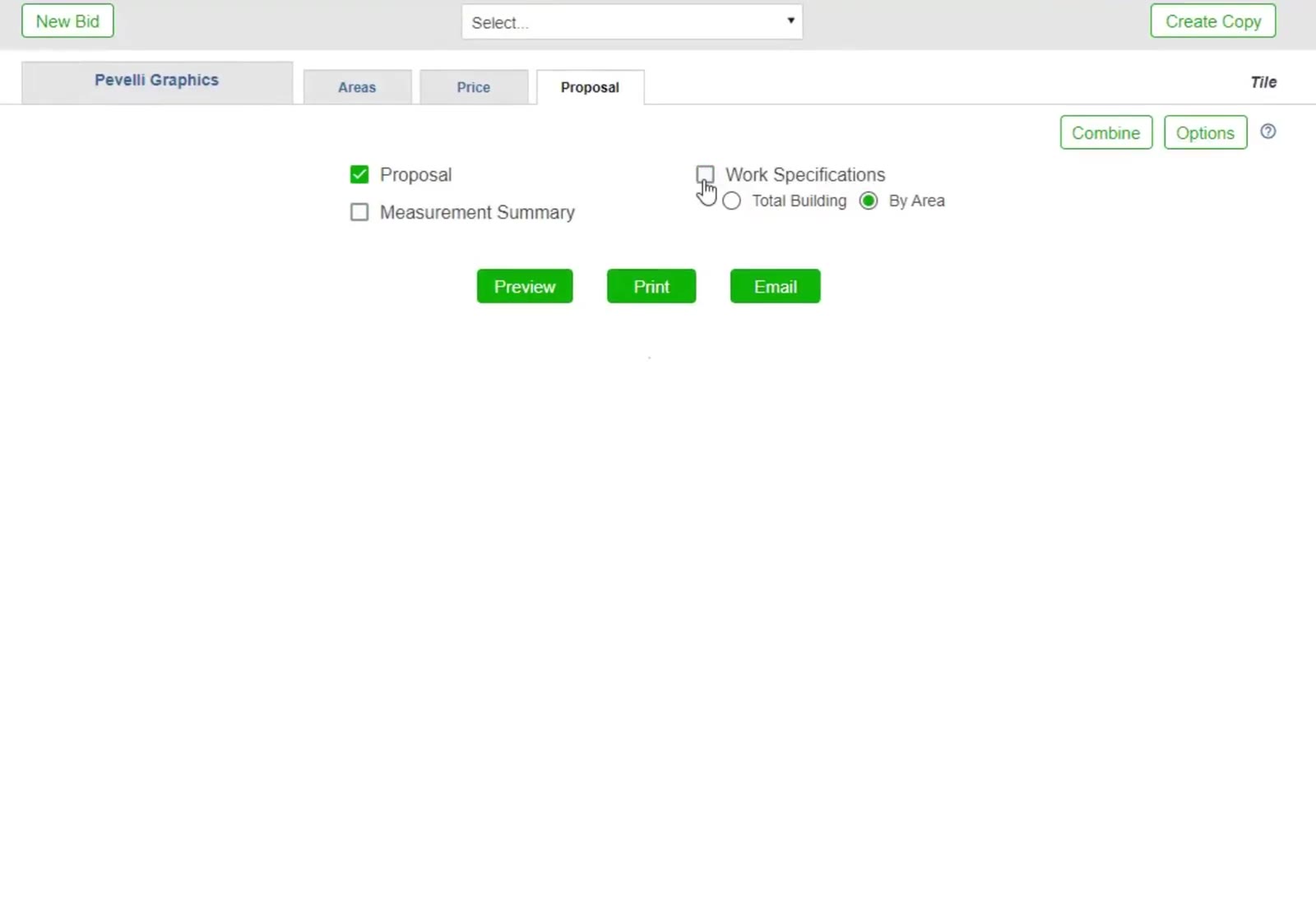 The Proposal tab: tick the documents you want, with Combine and Options at the top right.