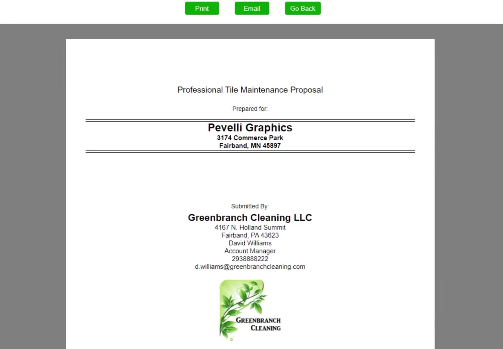 The proposal opens on its cover page, carrying your company details and logo.