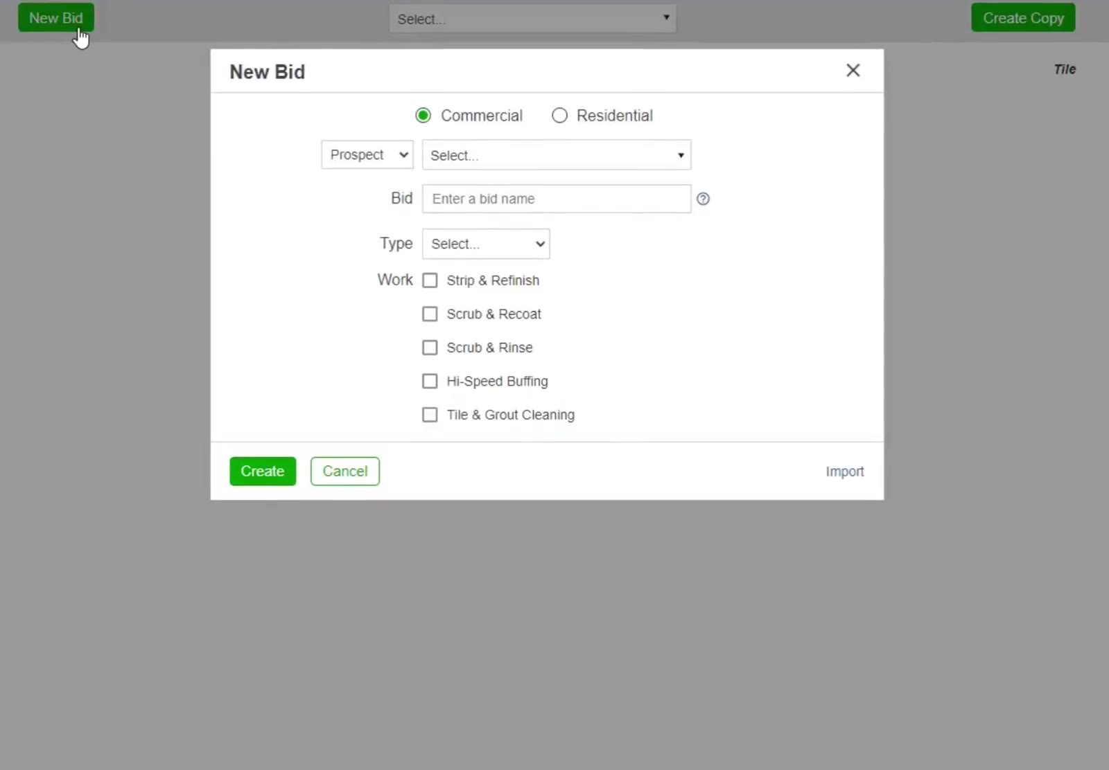 The New Bid dialog: Commercial or Residential, the prospect or customer, a bid name, the building Type, and the five tile methods under Work.