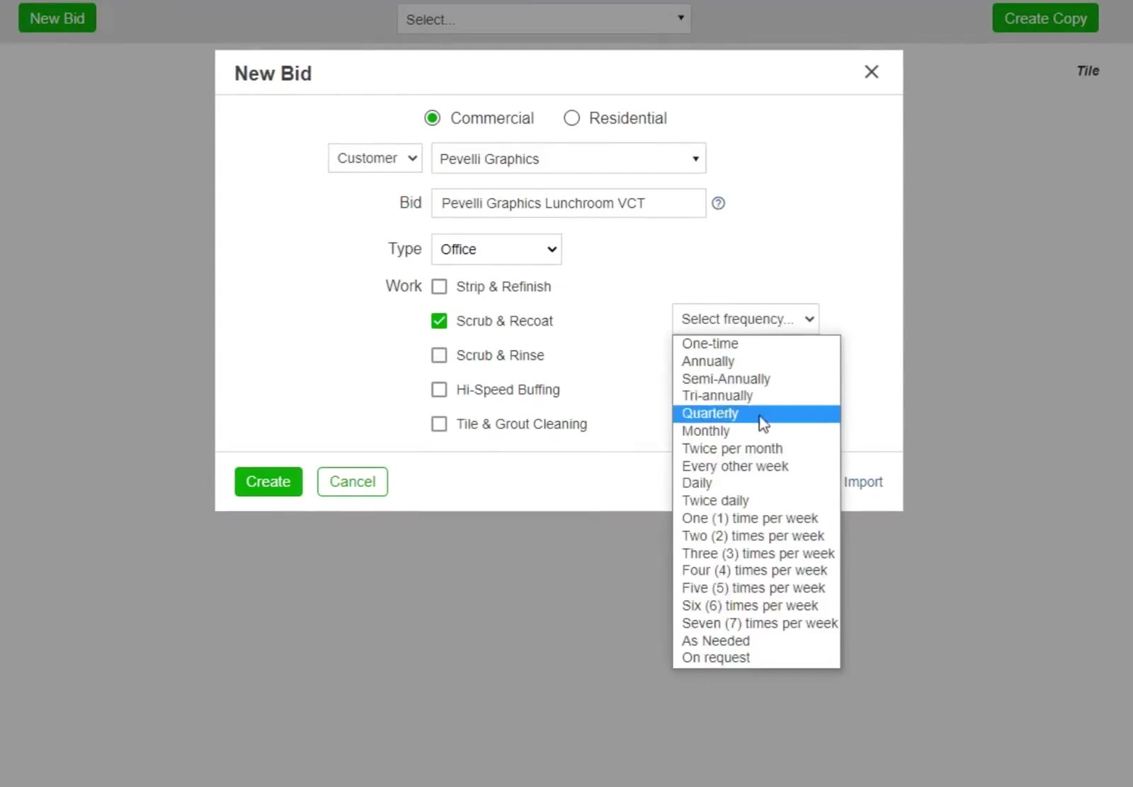 Ticking a method opens a frequency dropdown beside it, from One-time through to seven times a week, As Needed and On Request.