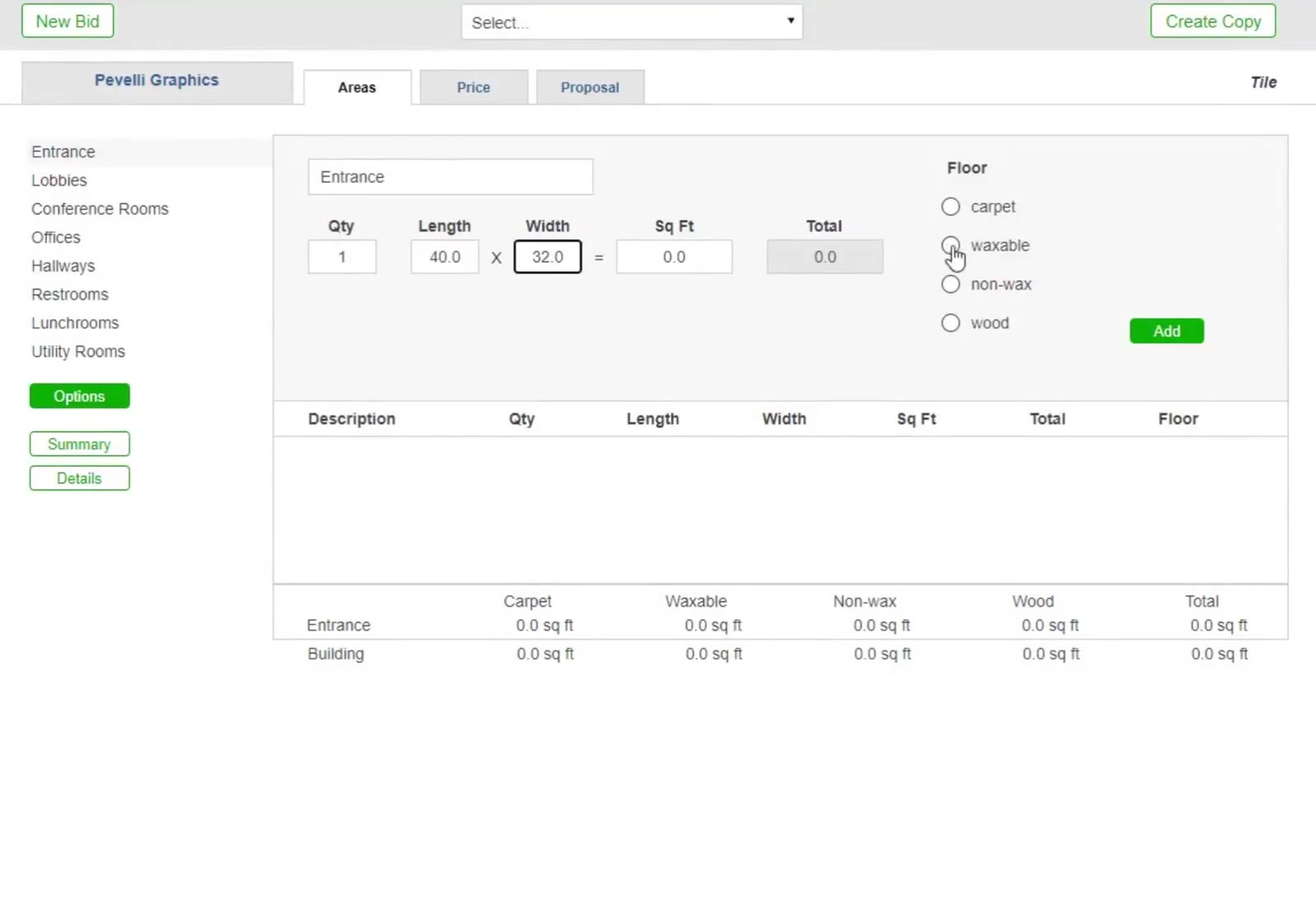 Manual entry on the Areas tab: name the area, give its length and width, choose the floor type, then click Add.