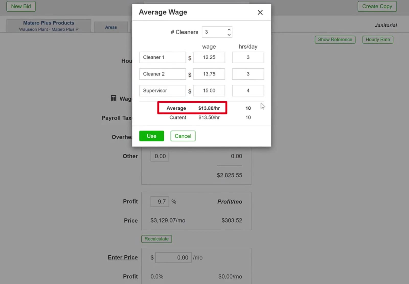 The Average row shows the new rate. Its hours (10) match the Current row, so the numbers add up.