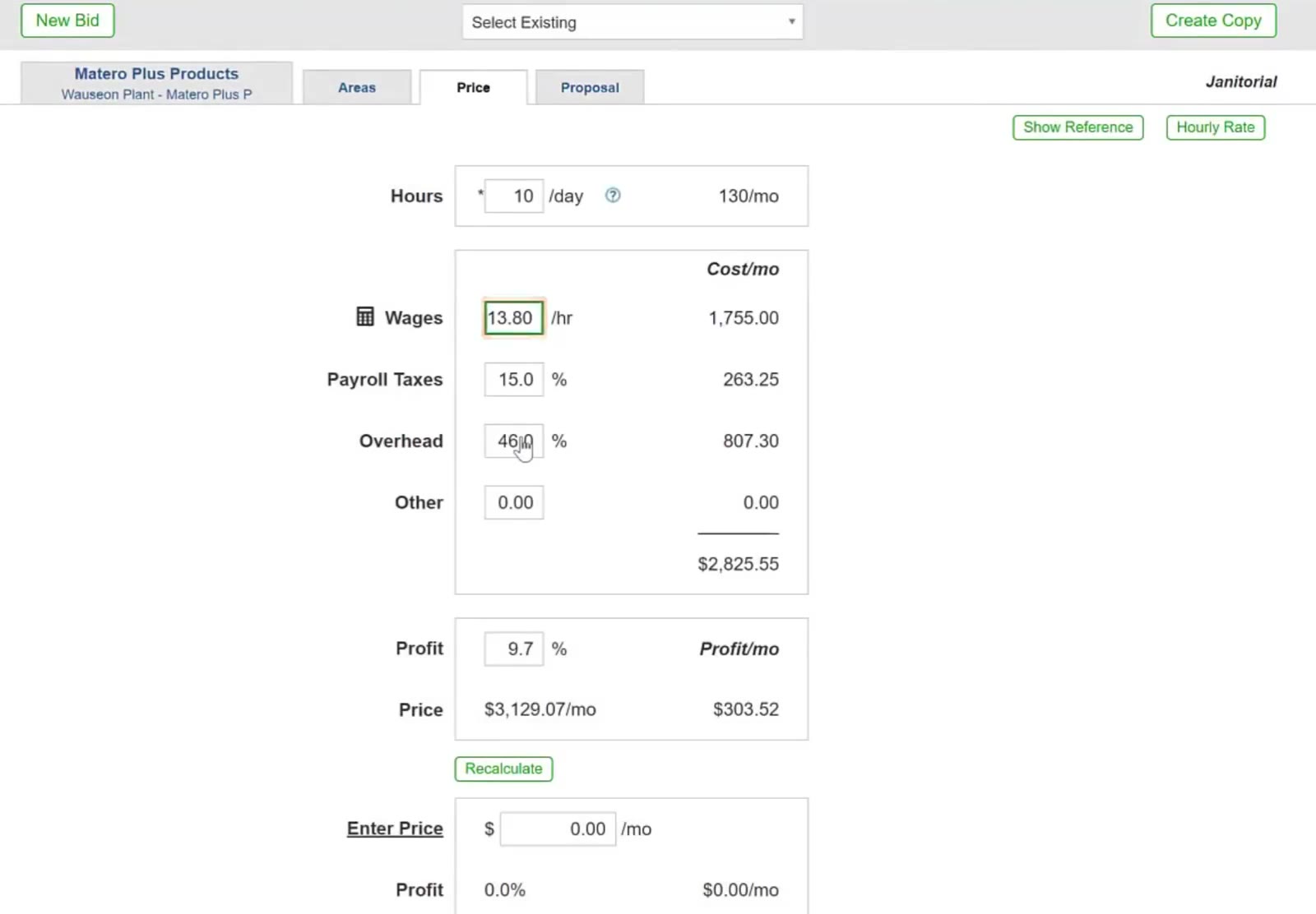 Back on the Price tab, the Wages field holds the new average.