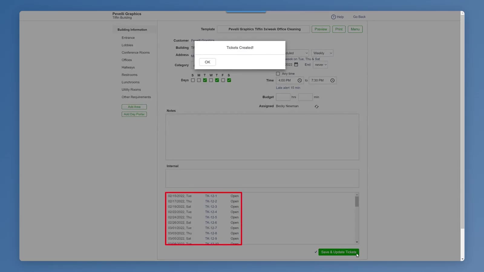 CleanGuru confirms with Tickets Created and lists what it made.