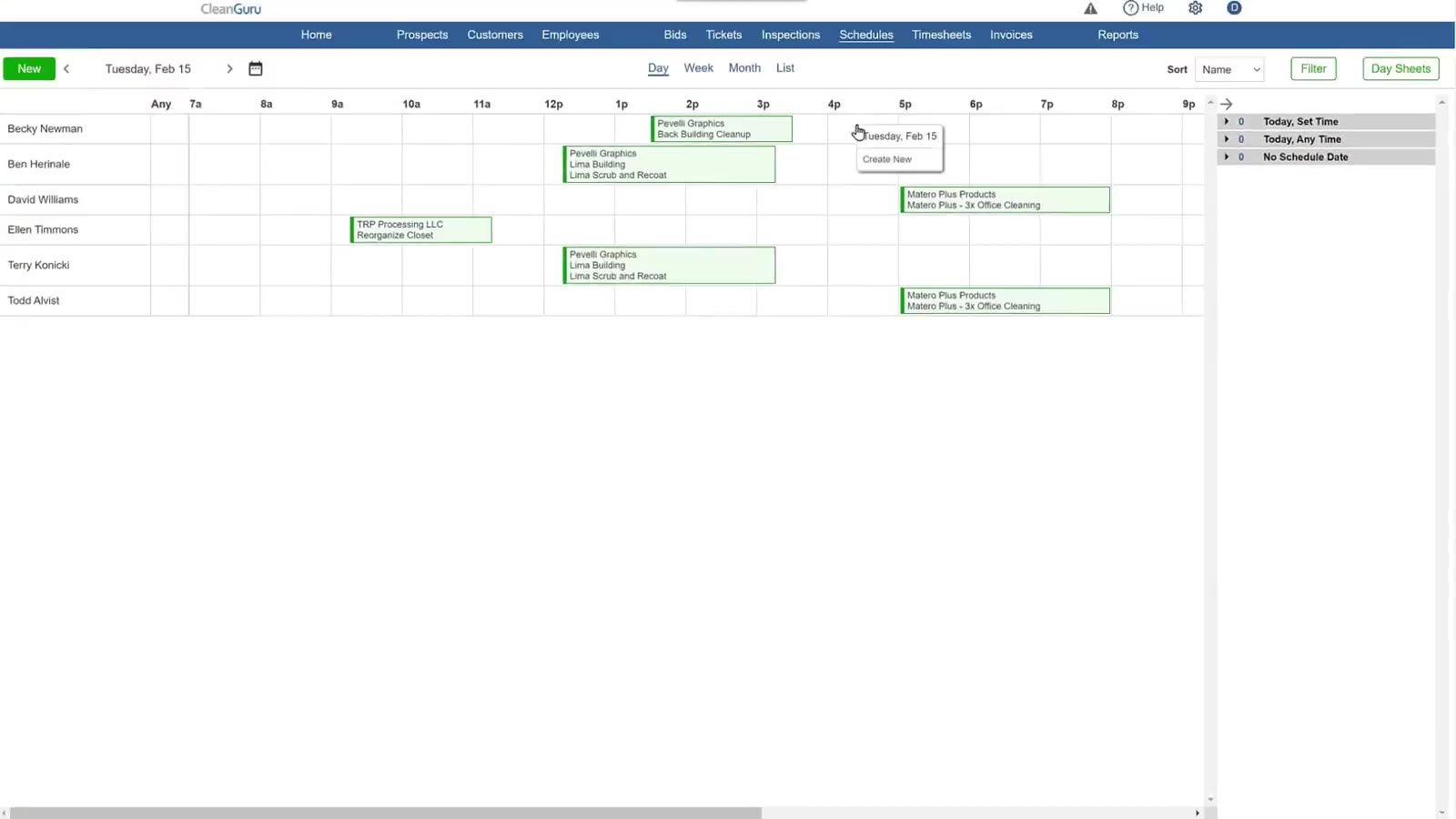 New sits above the day view on the Schedules page.