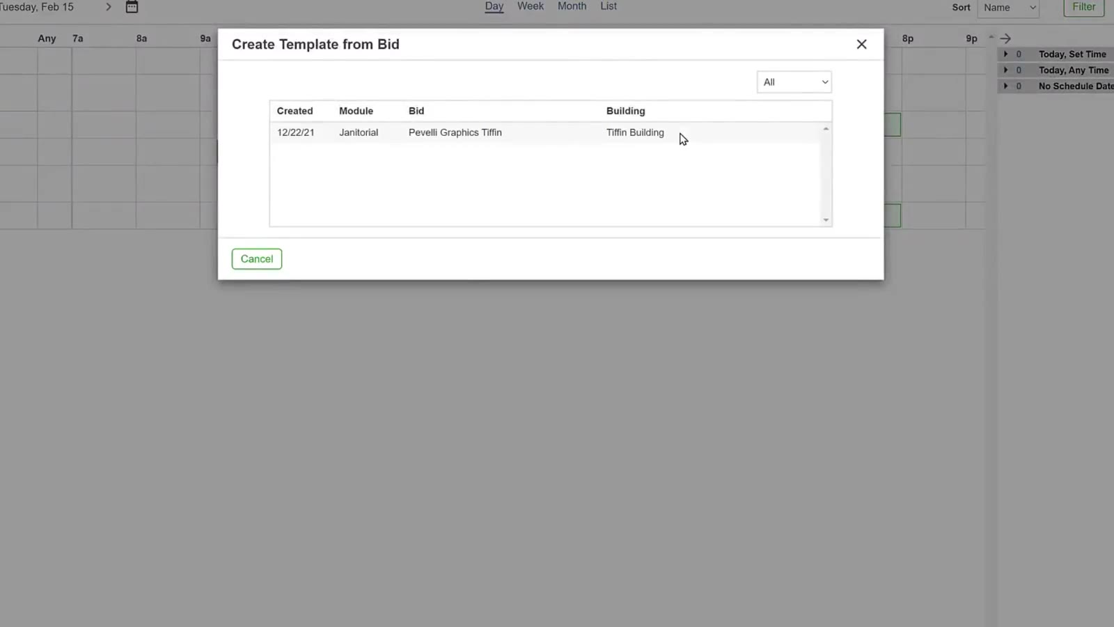 The bid list shows the date, the bidding module, the bid and the building.