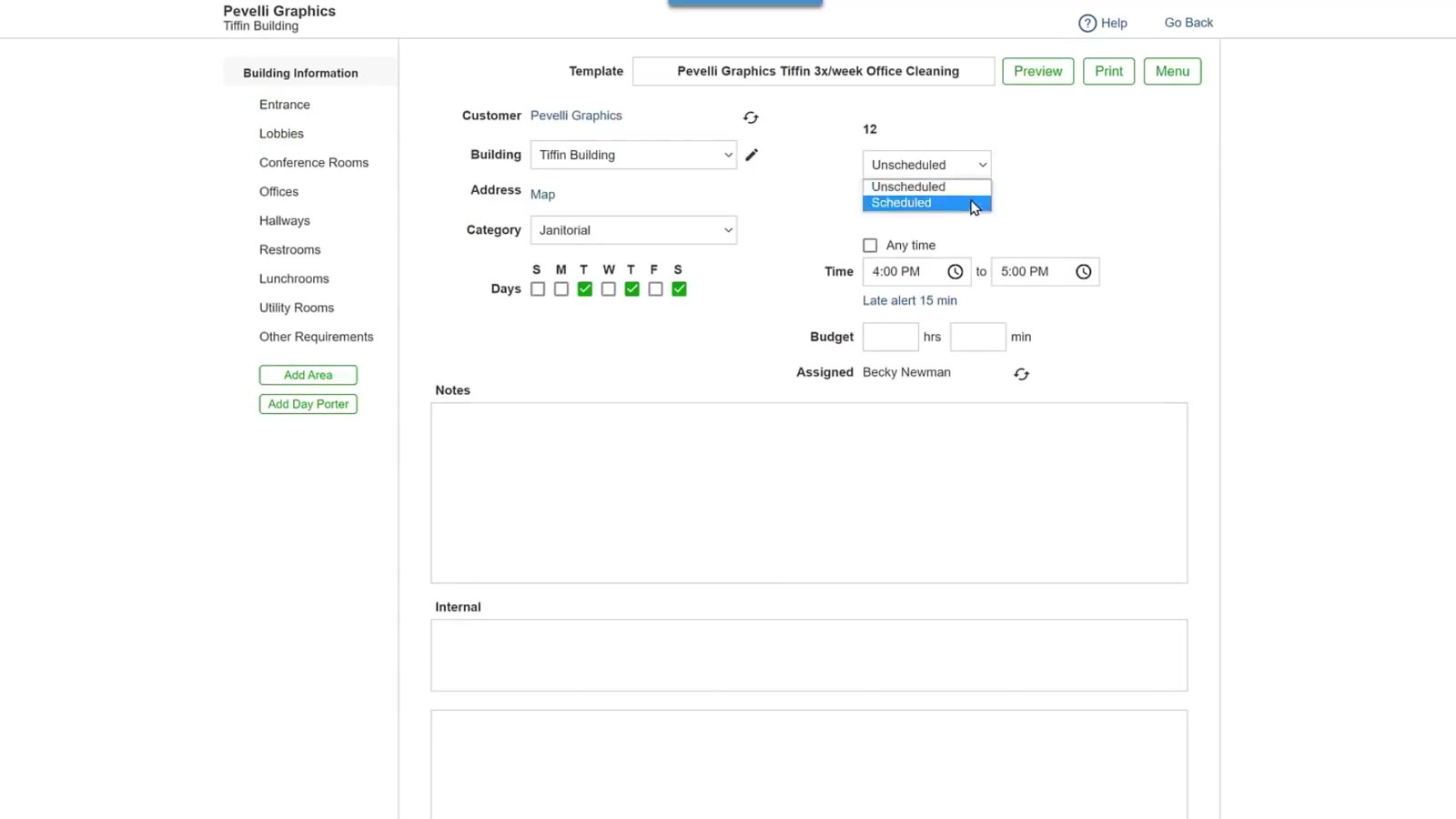 Setting the template to Scheduled brings up the frequency, Start and End.