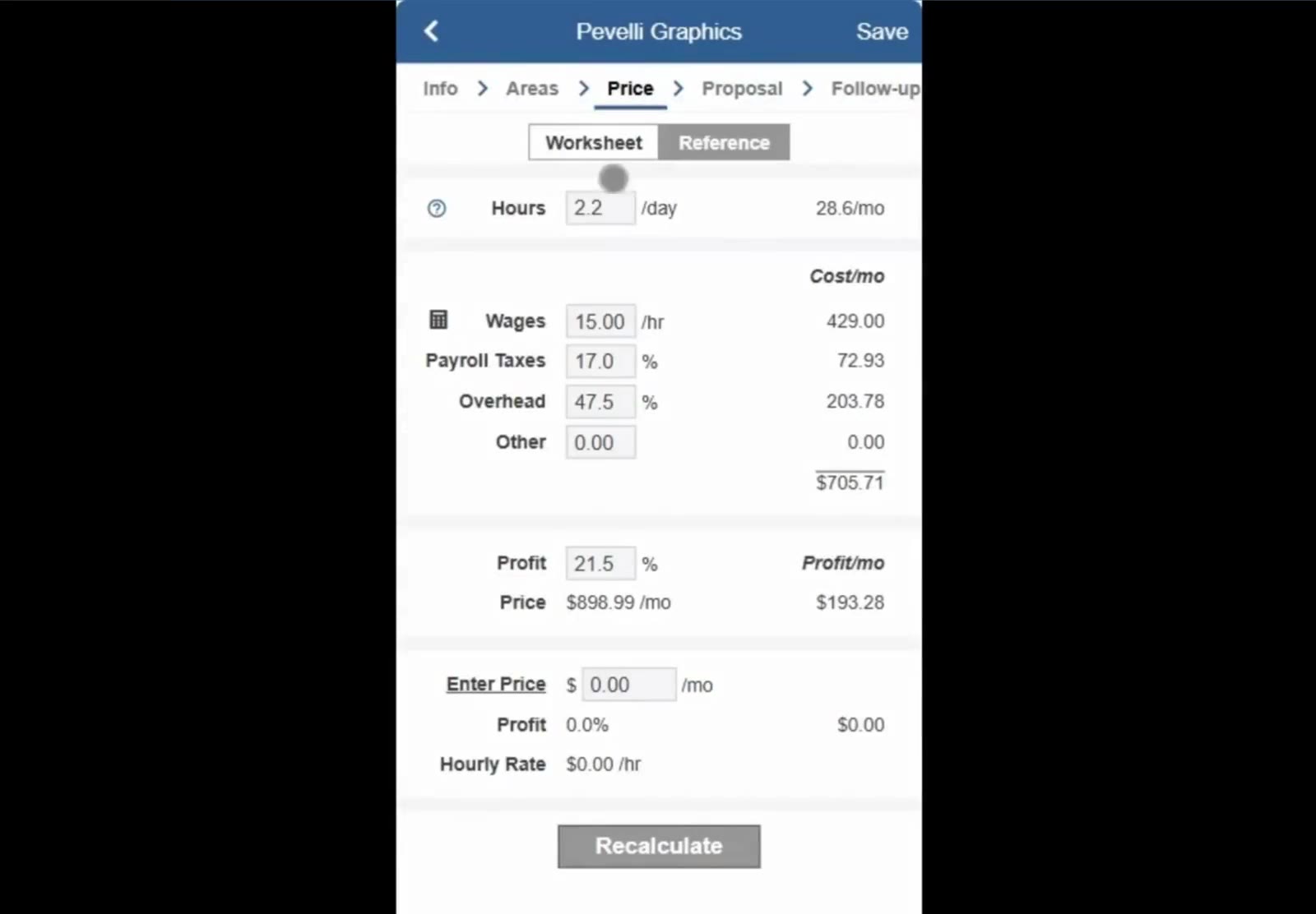 The worksheet totals your costs, then applies the profit percentage to reach the monthly price.