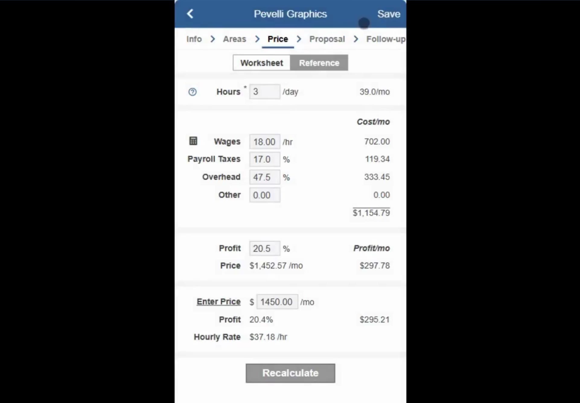 Enter Price works the sum backwards — type the monthly figure and read off the profit and hourly rate.