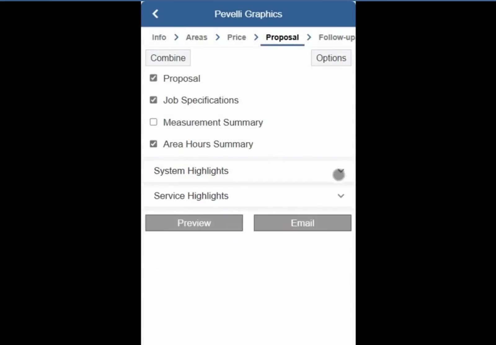Tick the documents to include; Preview and Email sit at the bottom of the same screen.