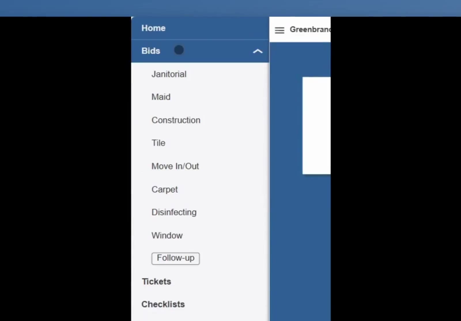 The Bids menu lists every bid type — Janitorial, Maid, Construction, Tile, Move In/Out, Carpet, Disinfecting and Window.