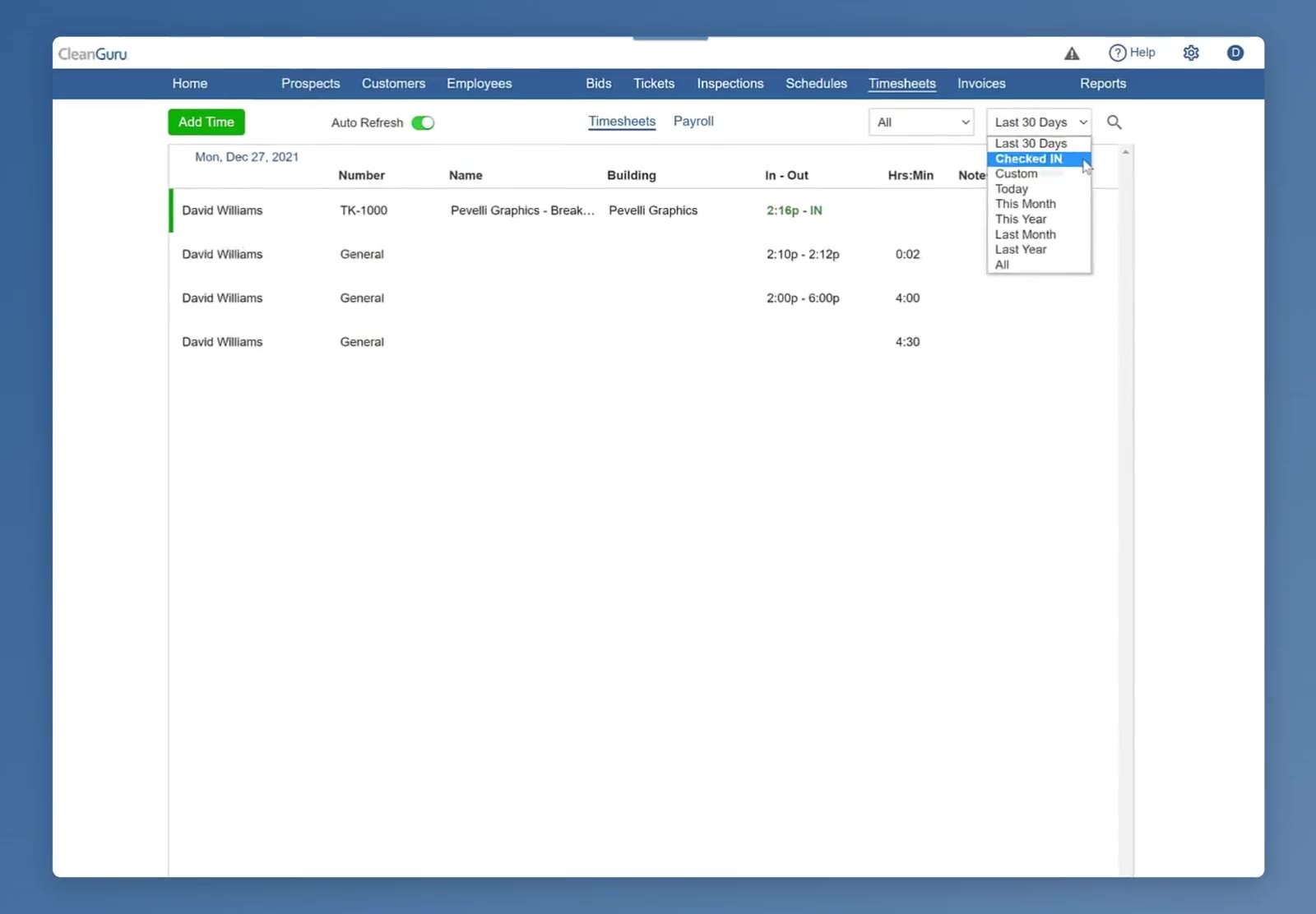 The right-hand dropdown covers the period, plus Checked IN for who is on the clock now.