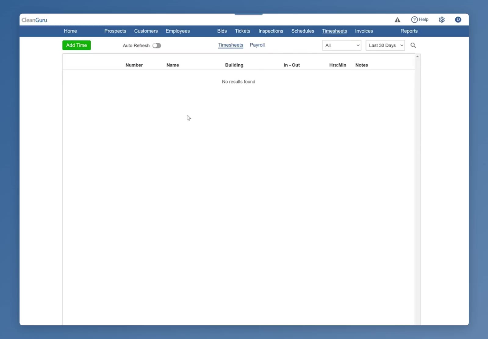 The green Add Time button sits at the top left of the Timesheets screen, next to Auto Refresh.