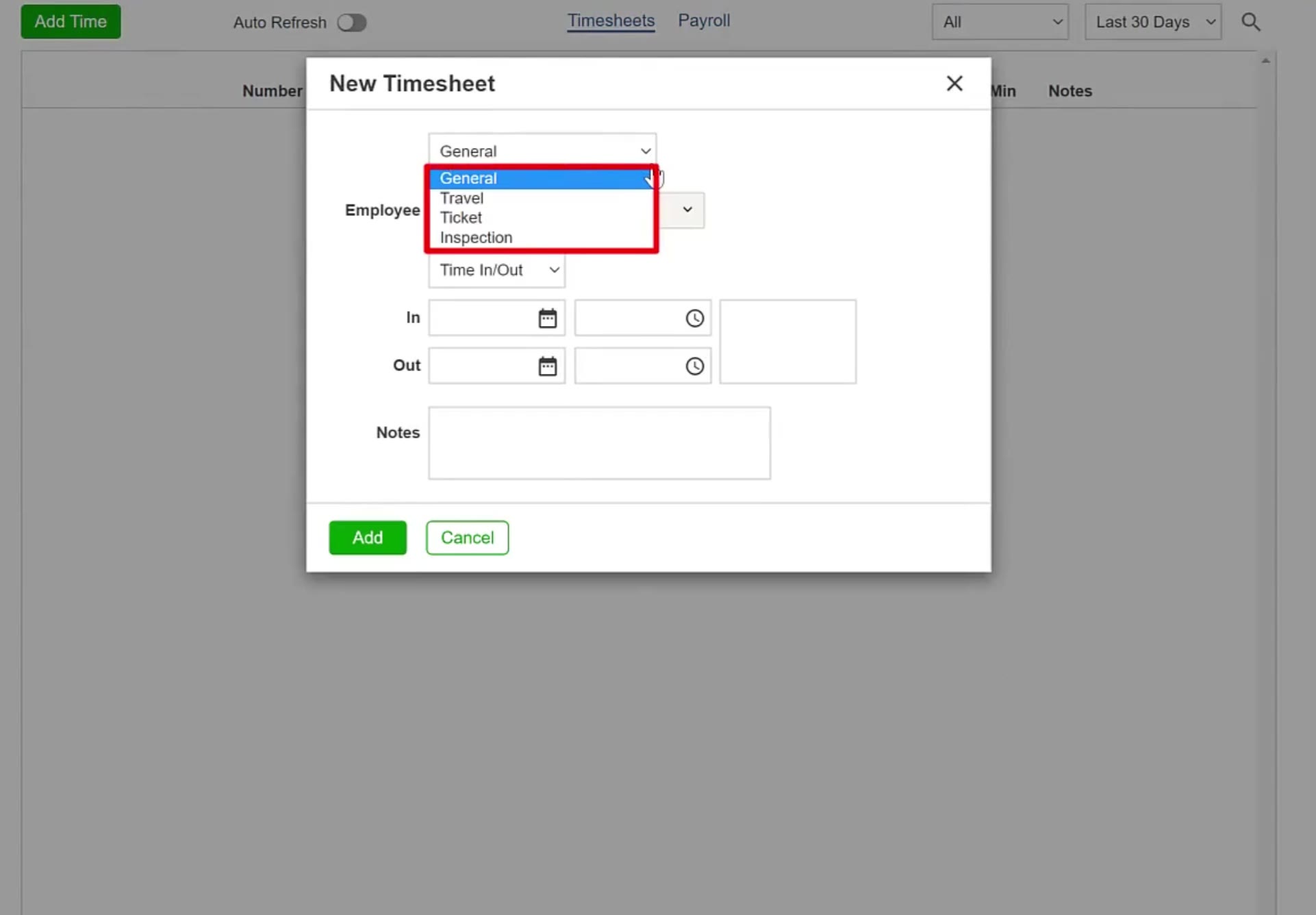 The type dropdown offers General, Travel, Ticket and Inspection.