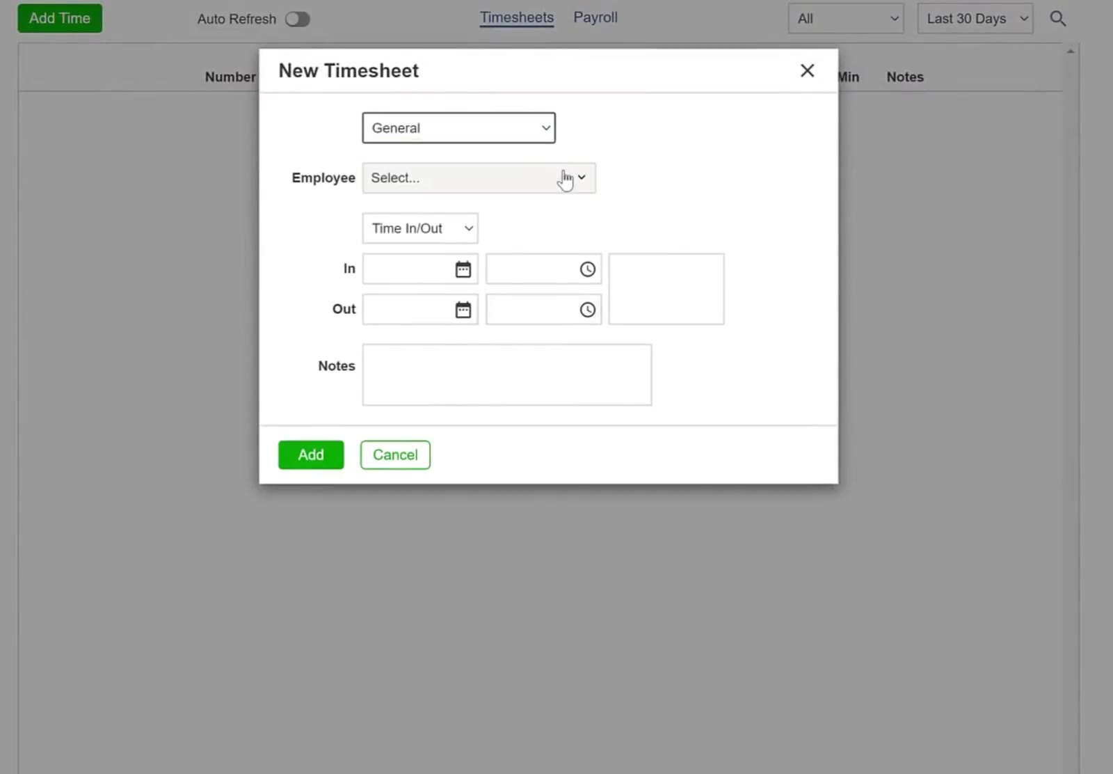 The New Timesheet window: the type at the top, then Employee, then how the time is recorded.