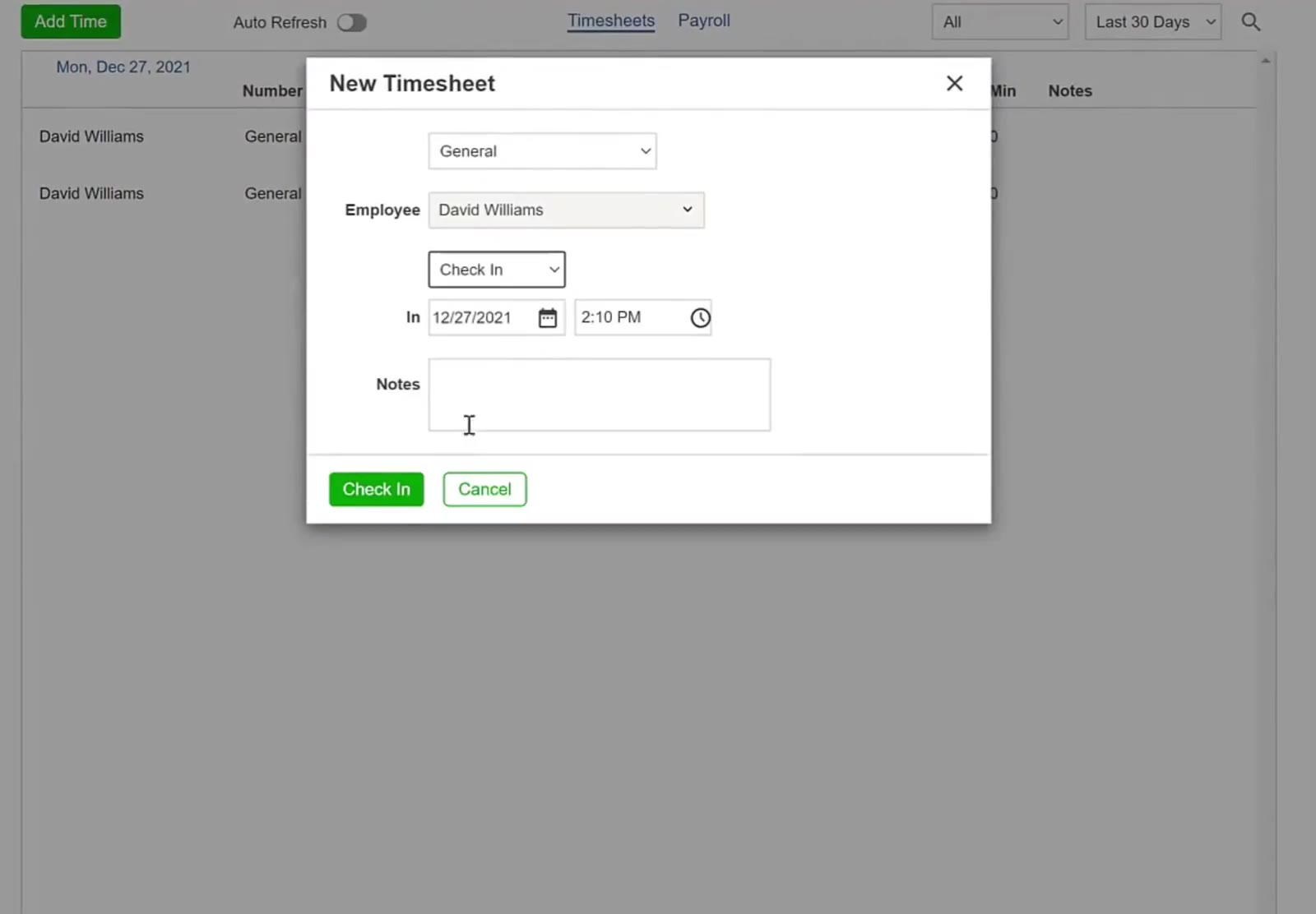 Check In is the third option in the method dropdown.