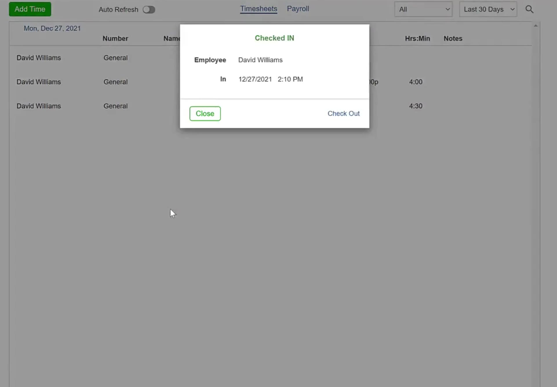 The Checked IN panel shows the employee and the time, with Close and Check Out.