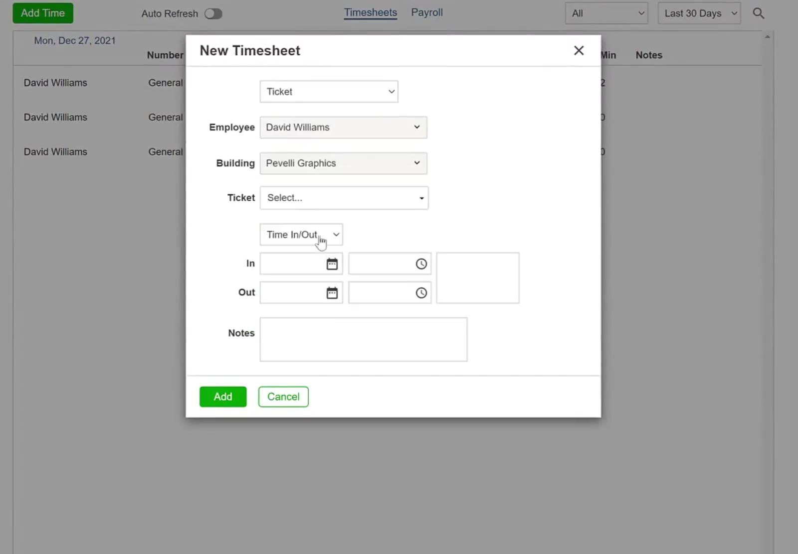 With Ticket chosen, Building and Ticket fields appear in the window.