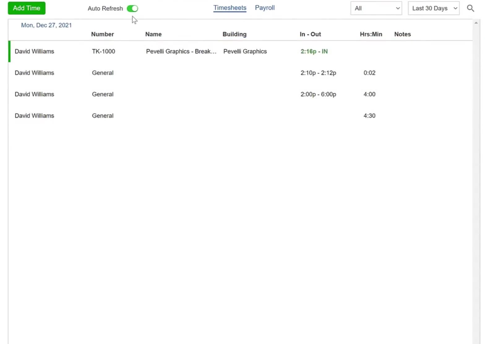 Auto Refresh sits at the top of the Timesheets list.