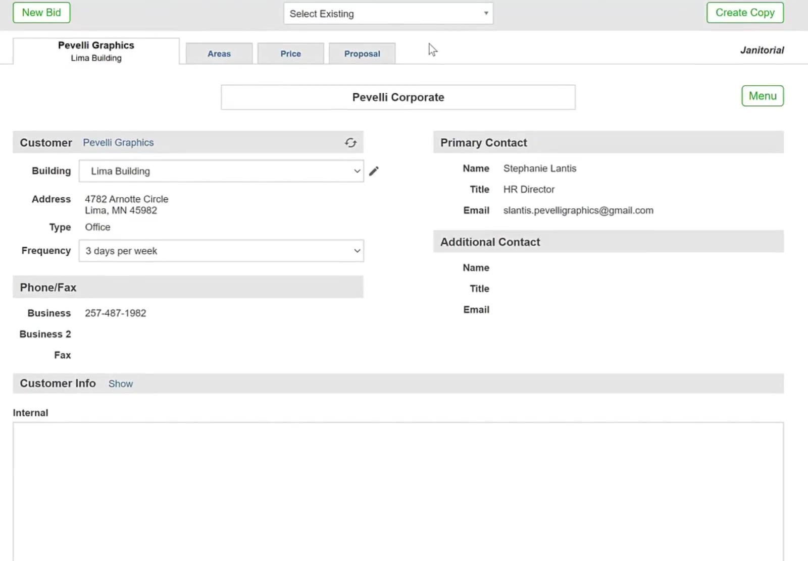 The Areas tab is located at the top of the bid screen, alongside the Price and Proposal tabs.