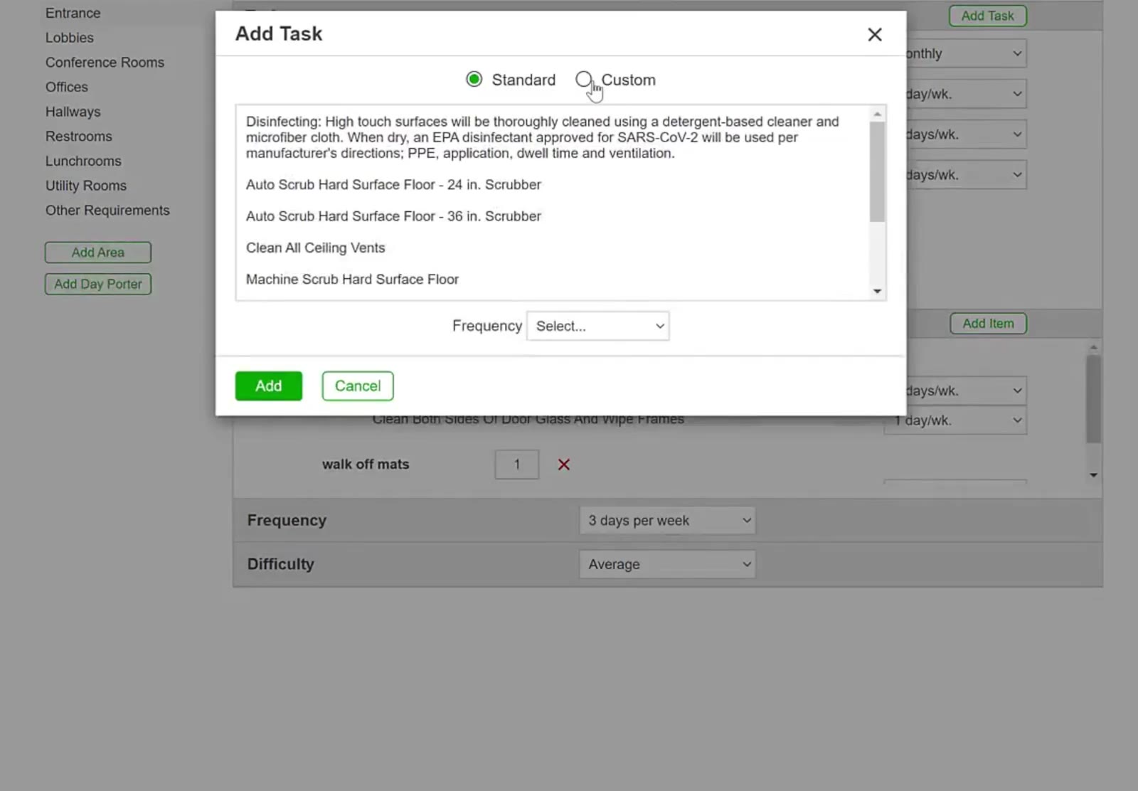 The Add Task modal displays the standard cleaning task library.
