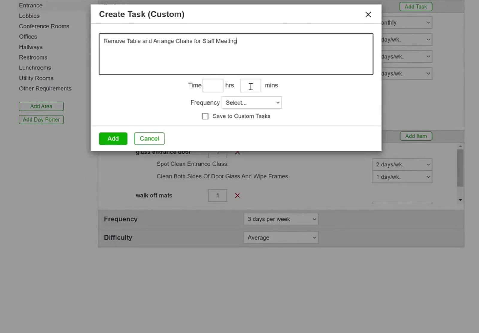 The Create Task (Custom) window holds the description, Time in hours and minutes, Frequency, and the Save to Custom Tasks checkbox.
