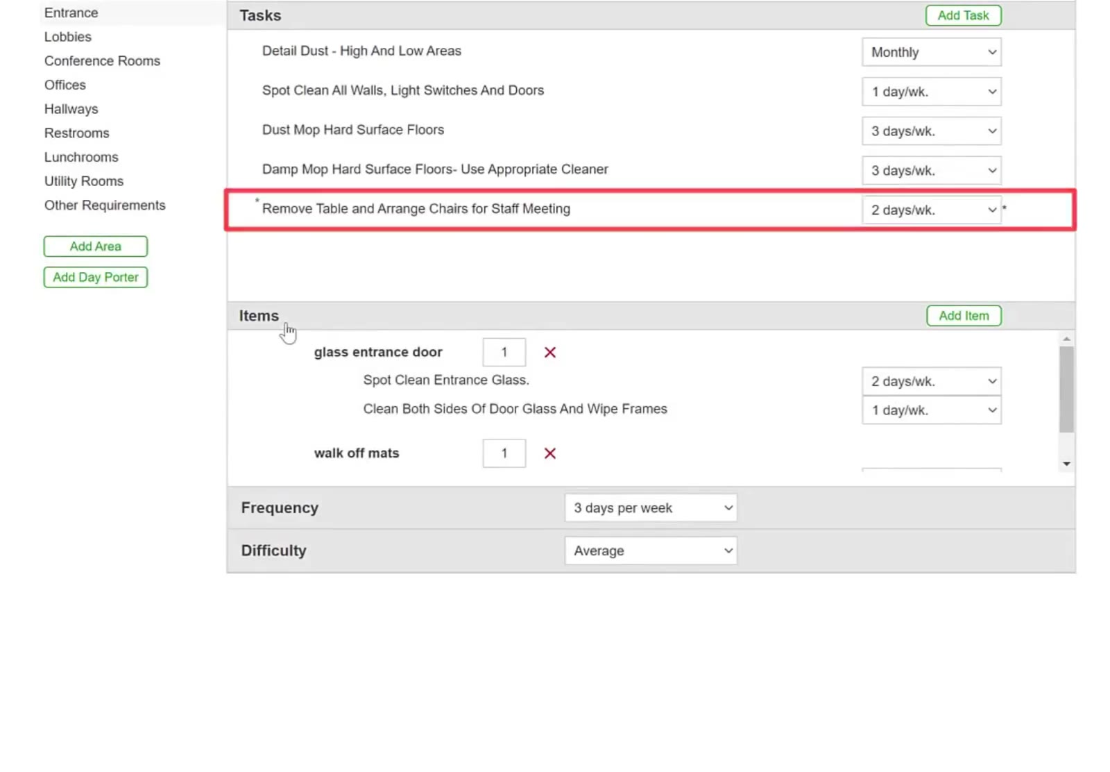 The task details screen shows the frequency dropdown and editable items list.
