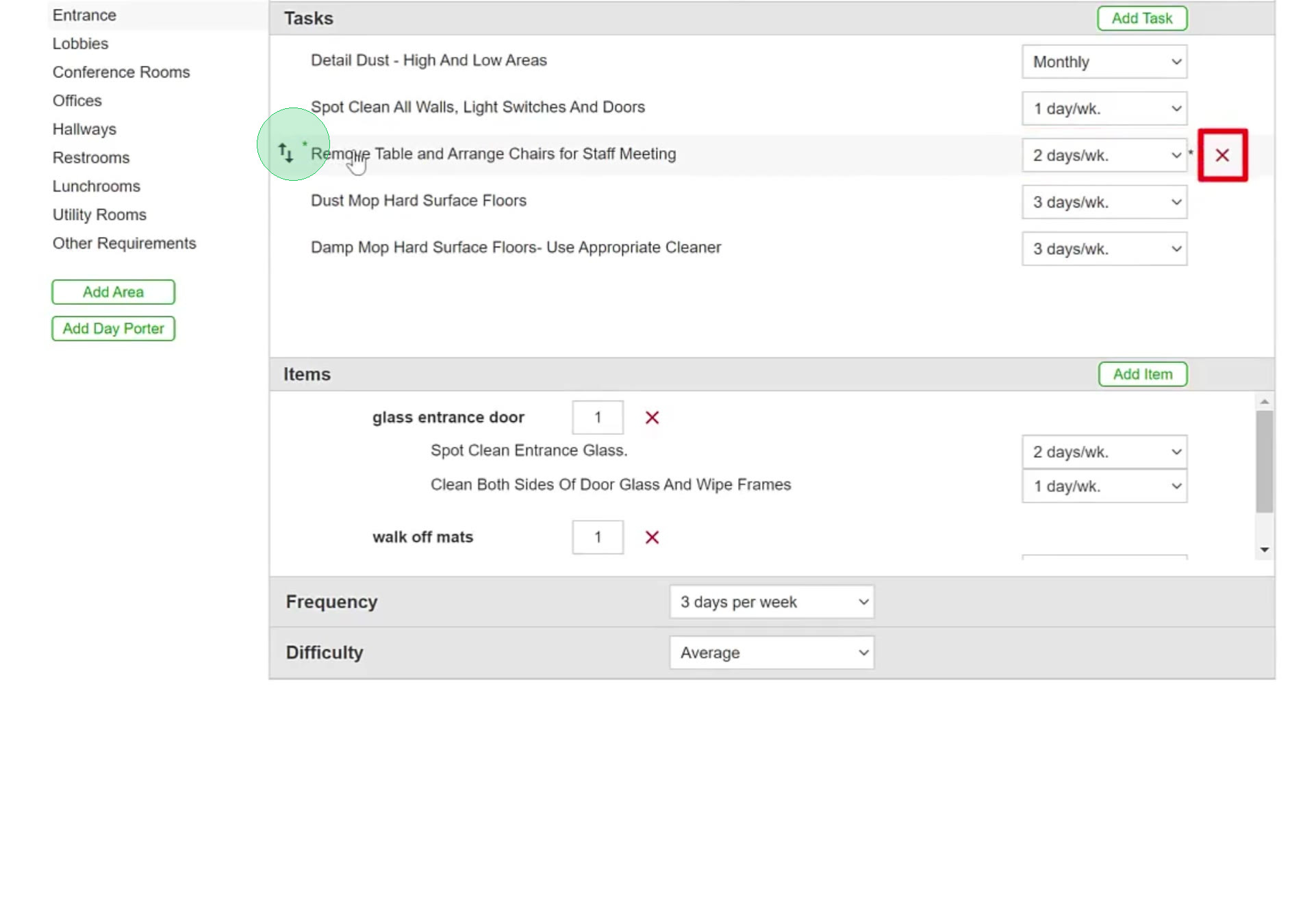 Hovering a task row reveals the up-and-down handle at the far left and the red X at the right.